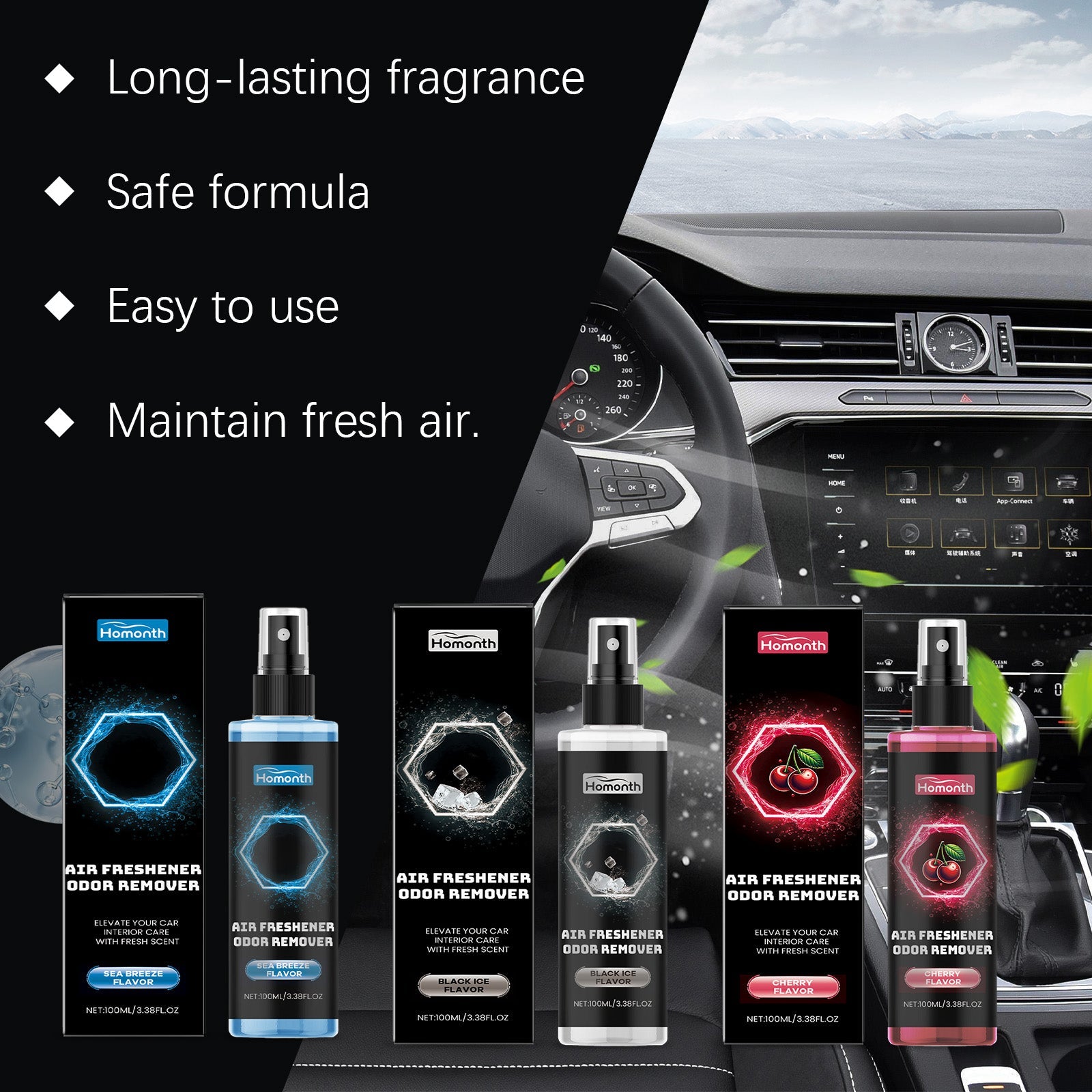 Black Ice Car Air Freshener, Long-lasting Fresh Air, Deodorizer, Easy Spray ,100ml