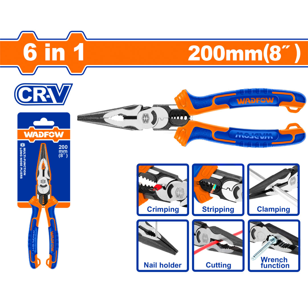 WADFOW 6-in-1 Multi-Function Long Nose Pliers, 8″ 200 mm, Cr-V Steel, Energy-Saving Design, Two-Color Grip