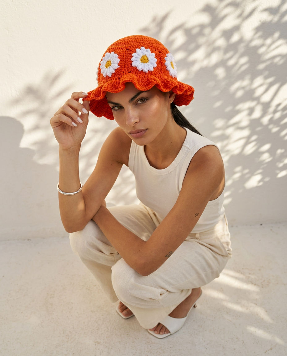 Hush and Stitch Orange Daisy Bucket Hat