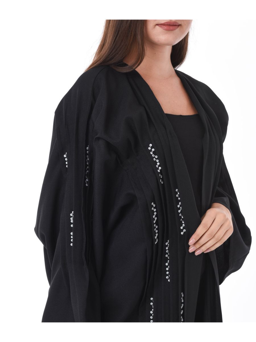 MOiSTREET Black Pleated Detail Abaya with Hand Sequin Embroidery