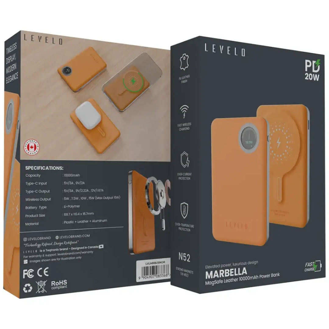 Levelo Marbella MagSafe Leather 10000mAh Power Bank, Fast Wireless Charging