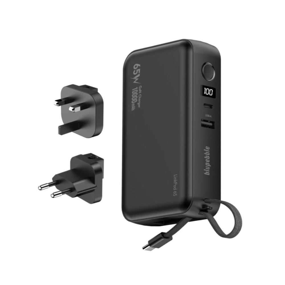 Blupebble LinkPod 65 10000mAh Power Bank & 65W Fast Charger with Retractable Type-C Cable, Black