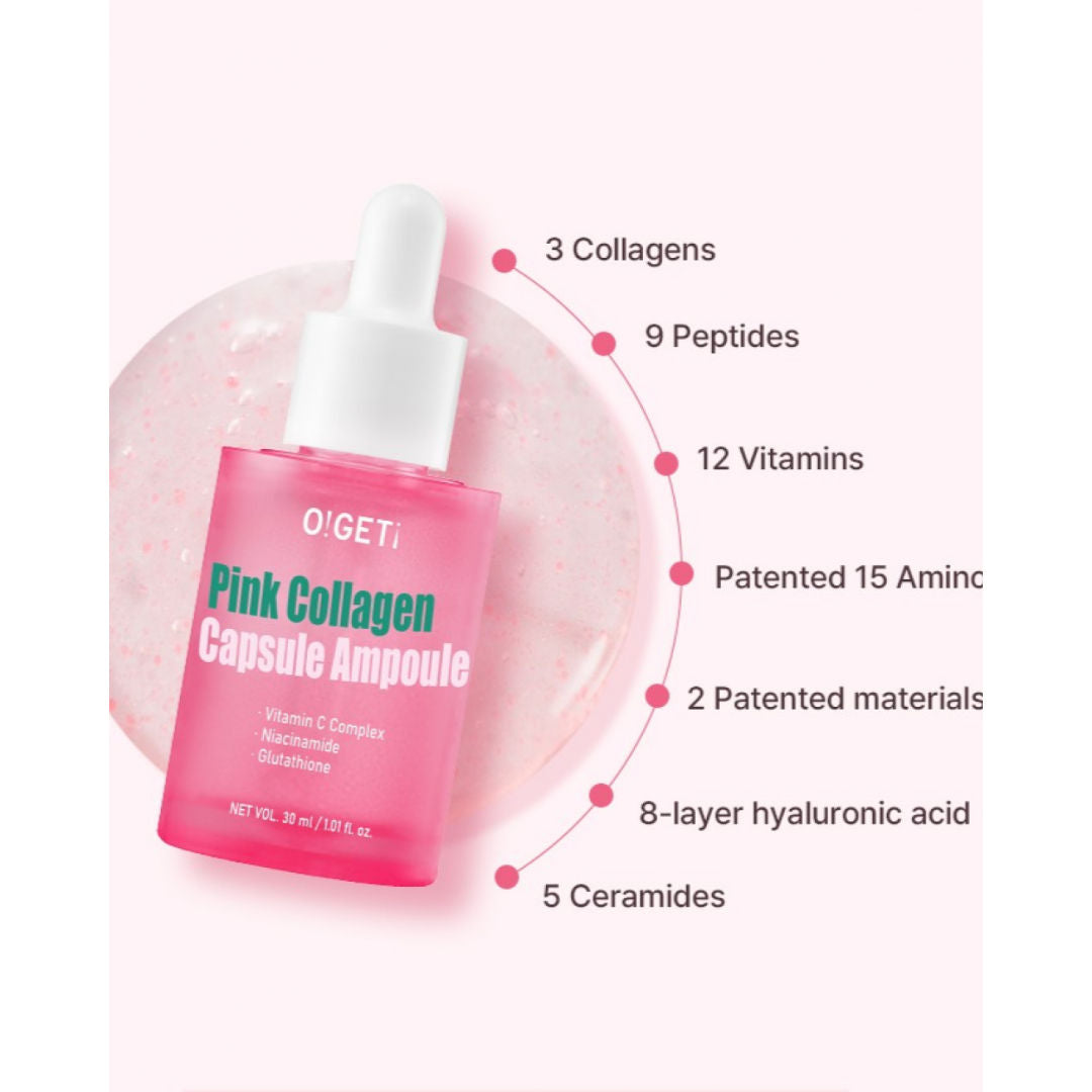 O!GETi Pink Collagen Capsule Ampoule, High Potency Firming Serum, 30ml