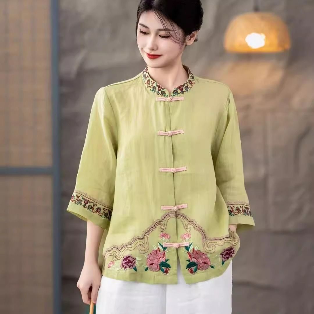 Chinese Style Cotton Linen Stand Collar Frog Button Long Sleeve Top