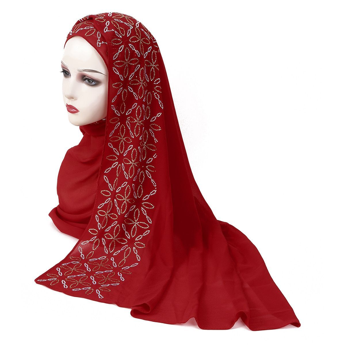 Red Rhinestone Chiffon Hijab Scarf for Women Party Wear