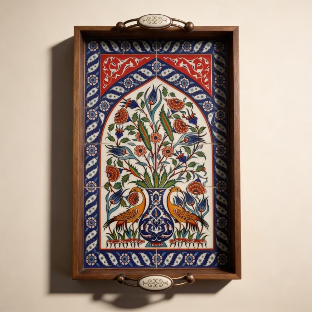 Handmade Wooden Serving Tray with Turkish Ceramic Tile Decor