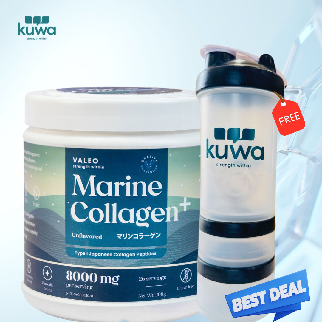 Valeo Marine Collagen+ Anti Aging Collagen Supplement- Unflavoured, 208 Gms with KUWA Bottle