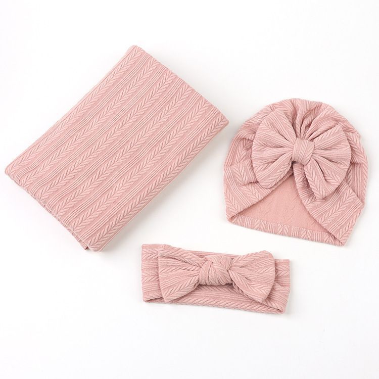 3pcs Newborn Baby Wrap Blanket Headbandand Hat Bowknot Receiving Blankets