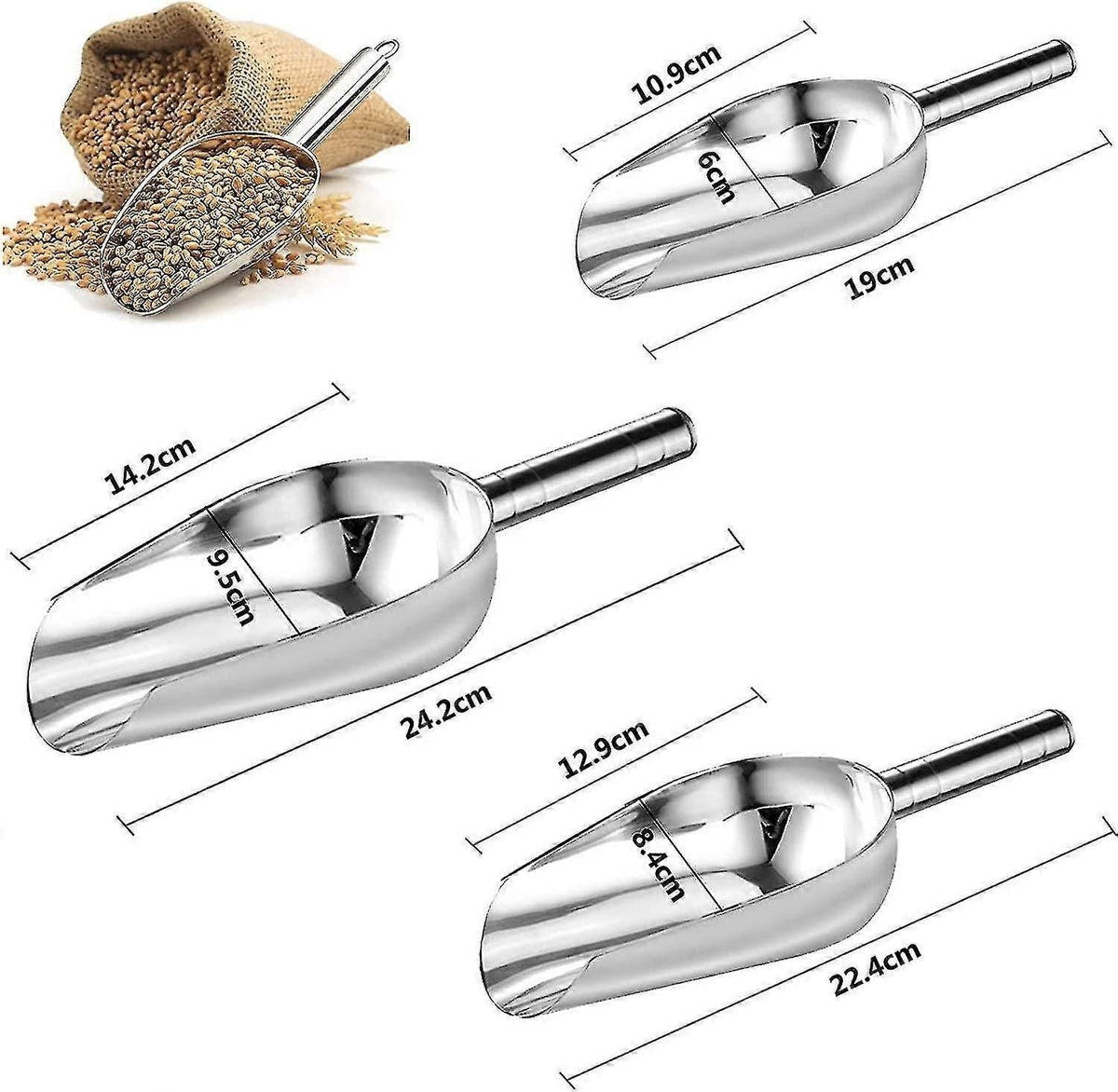 3-Pack Stainless Steel Nesting Ice Scoops - Thickened Flour/Food Scoop Set for Kitchen, Buffet & Bar Serving Tools