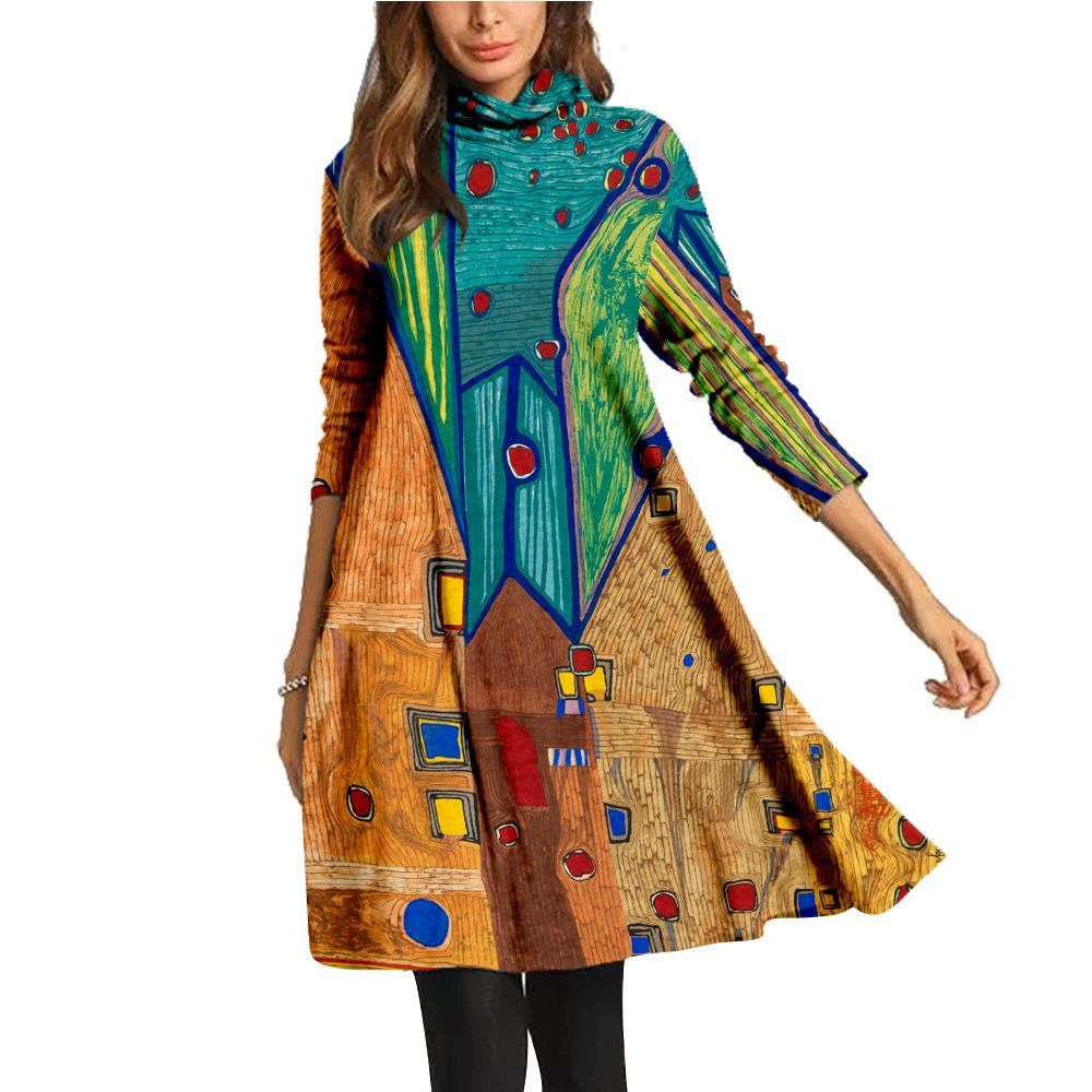 Autumn Vintage High Neck Dress Art Print Long Sleeve Casual Streetwear For Women