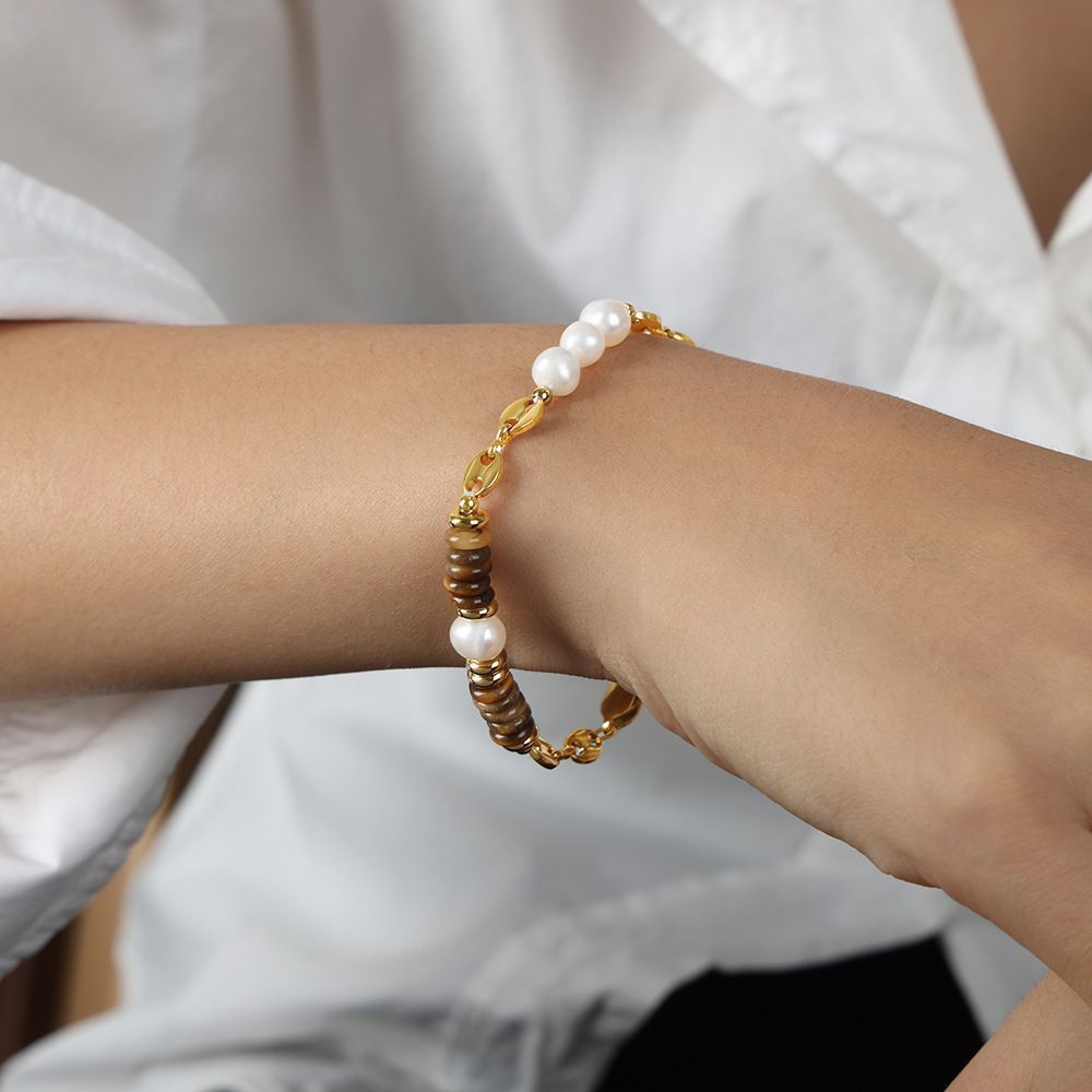 Women Pearl Necklace Bracelet Set Tiger Eye Stone Beaded Chain Jewelry Gifts for Mom Wife