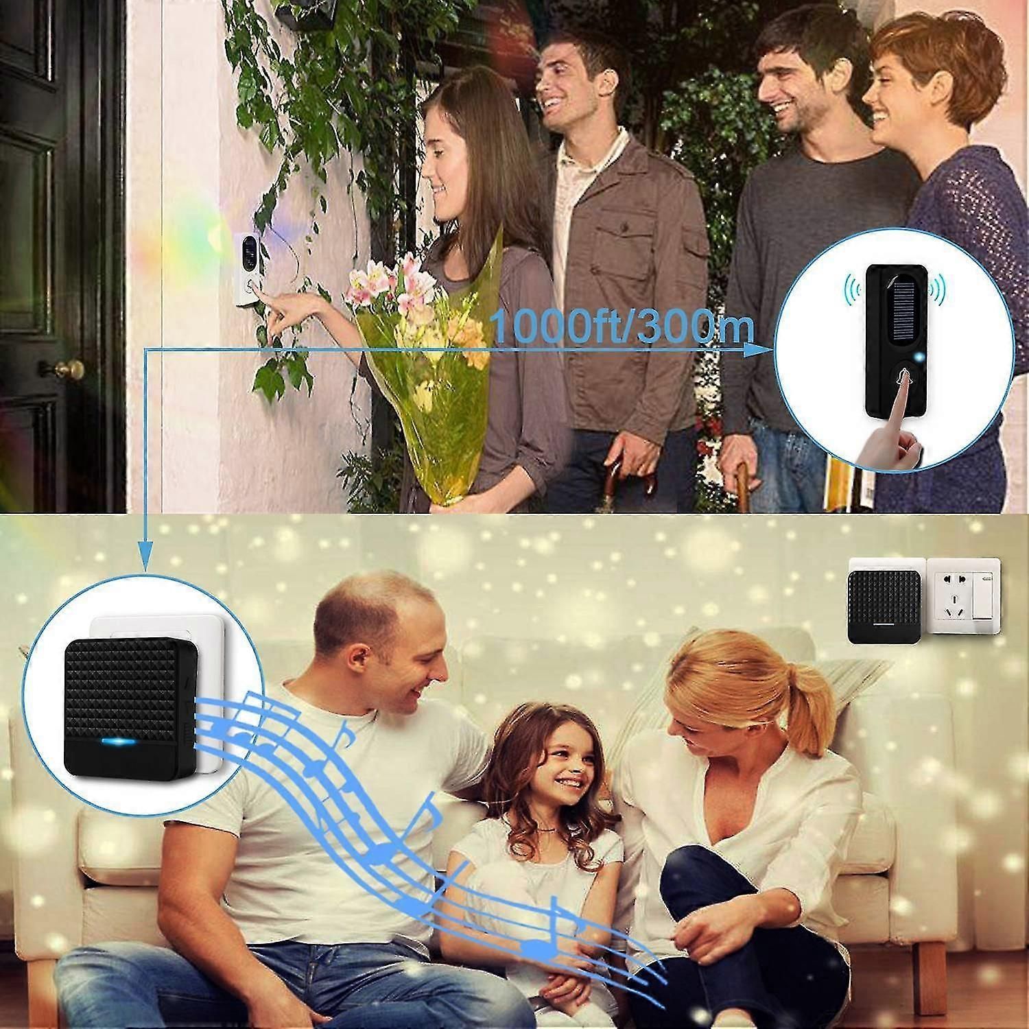 Wireless Solar Doorbell Ip65 Waterproof 300m Doorbells Chime Kit Solar Power Charging Outdoor Doorb