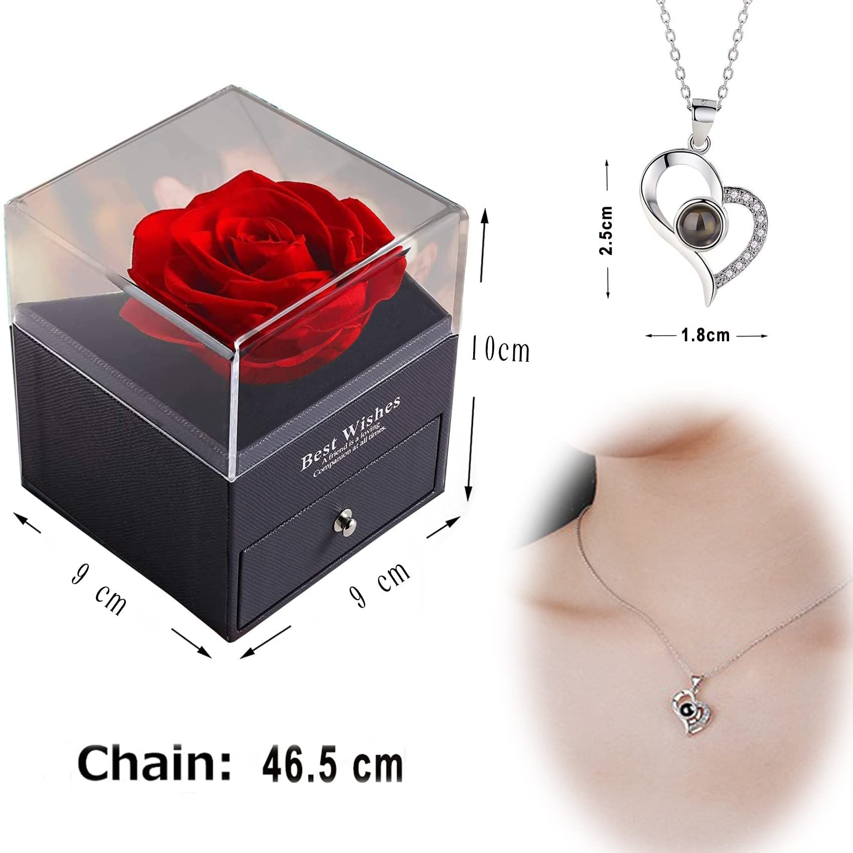 Preserved Rose Drawer With Necklace Rose And Silver Necklace Set Valentine Day