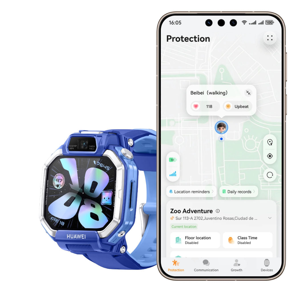 ساعة «Huawei Watch KIDS X1» الذكية - تصميم قابل للدوران 360 درجة، تحديد الموقع عبر نظام GPS، مكالمات الفيديو، كاميرات مزدوجة، شاشة AMOLED مقاس 1.82 بوصة