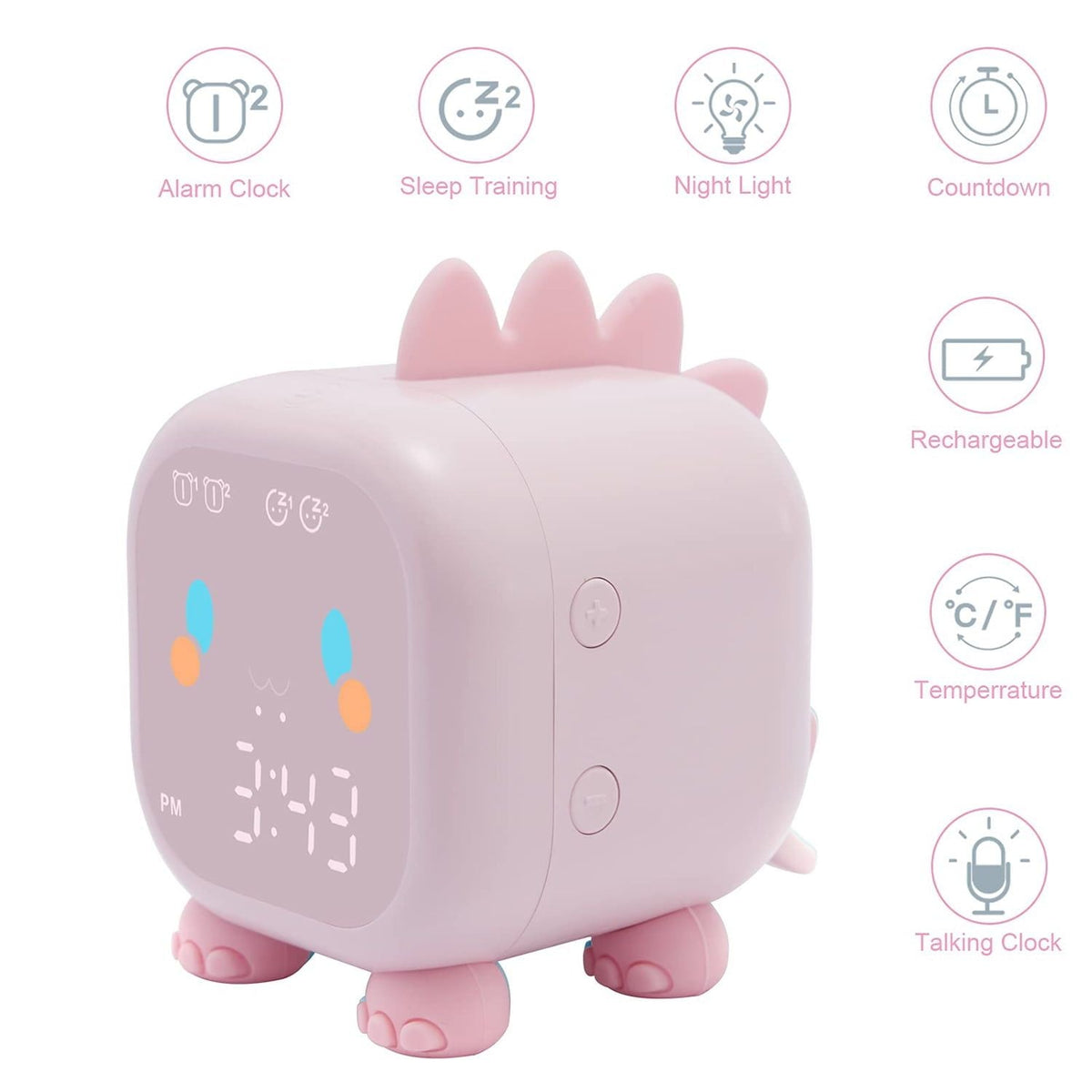 Kids Dinosaur Alarm Clock Creative Cartoon Bedside Clock Night Light Rechargeable