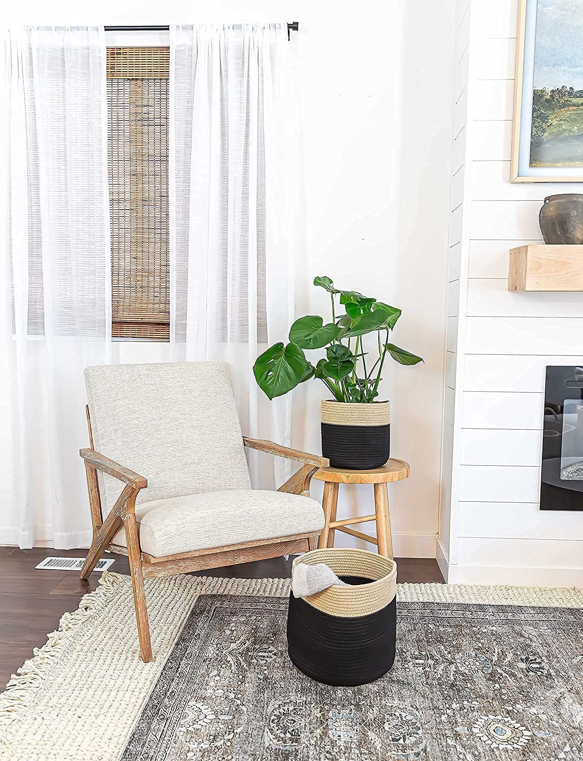 Oradrem Woven Cotton Rope Floor Plant Pot for Indoor