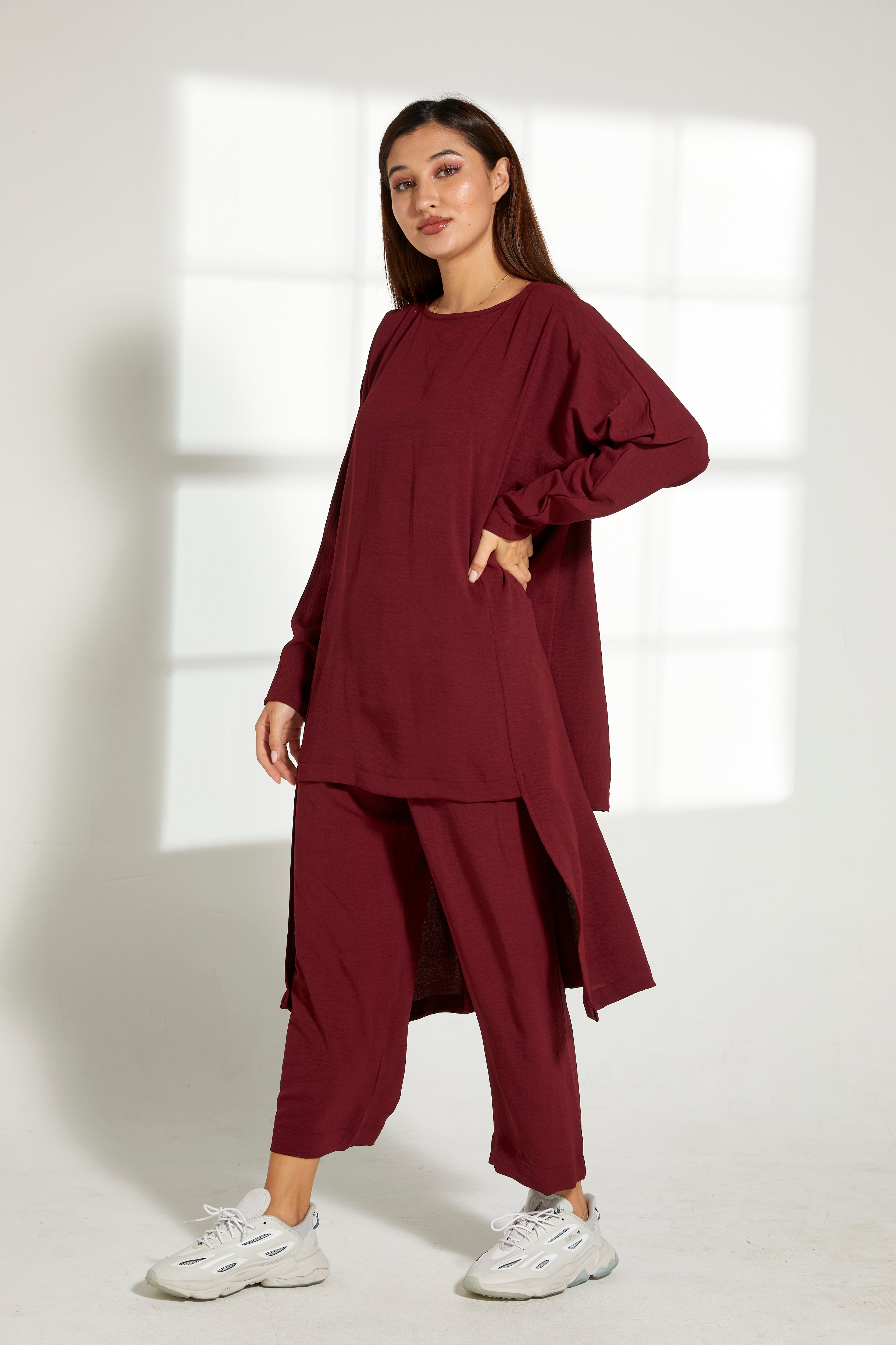 MOiSTREET Maroon CEY Fabric Top And Pants Set