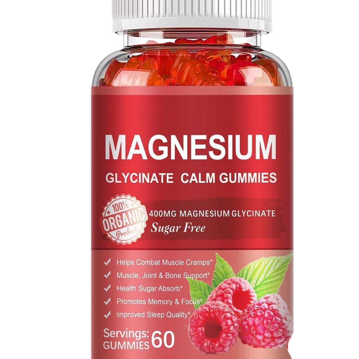 Sugar Free Magnesium Glycinate Calm Gummies, Raspberry Flavor Daily Mineral Dietary Supplement 60 Count
