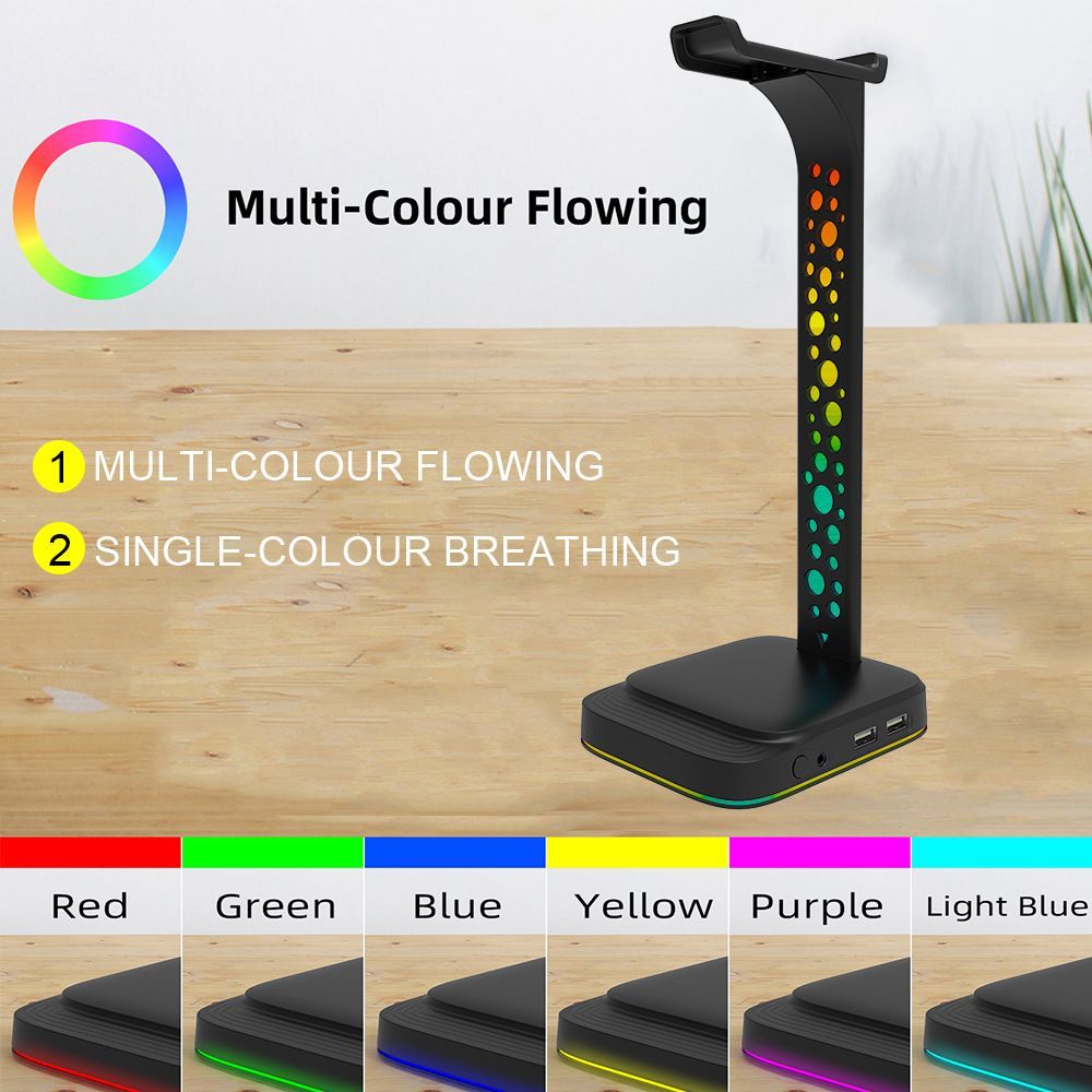 RGB Headphone Stand Gaming Headset Holder With 2 USB Charger And 3.5mm Port