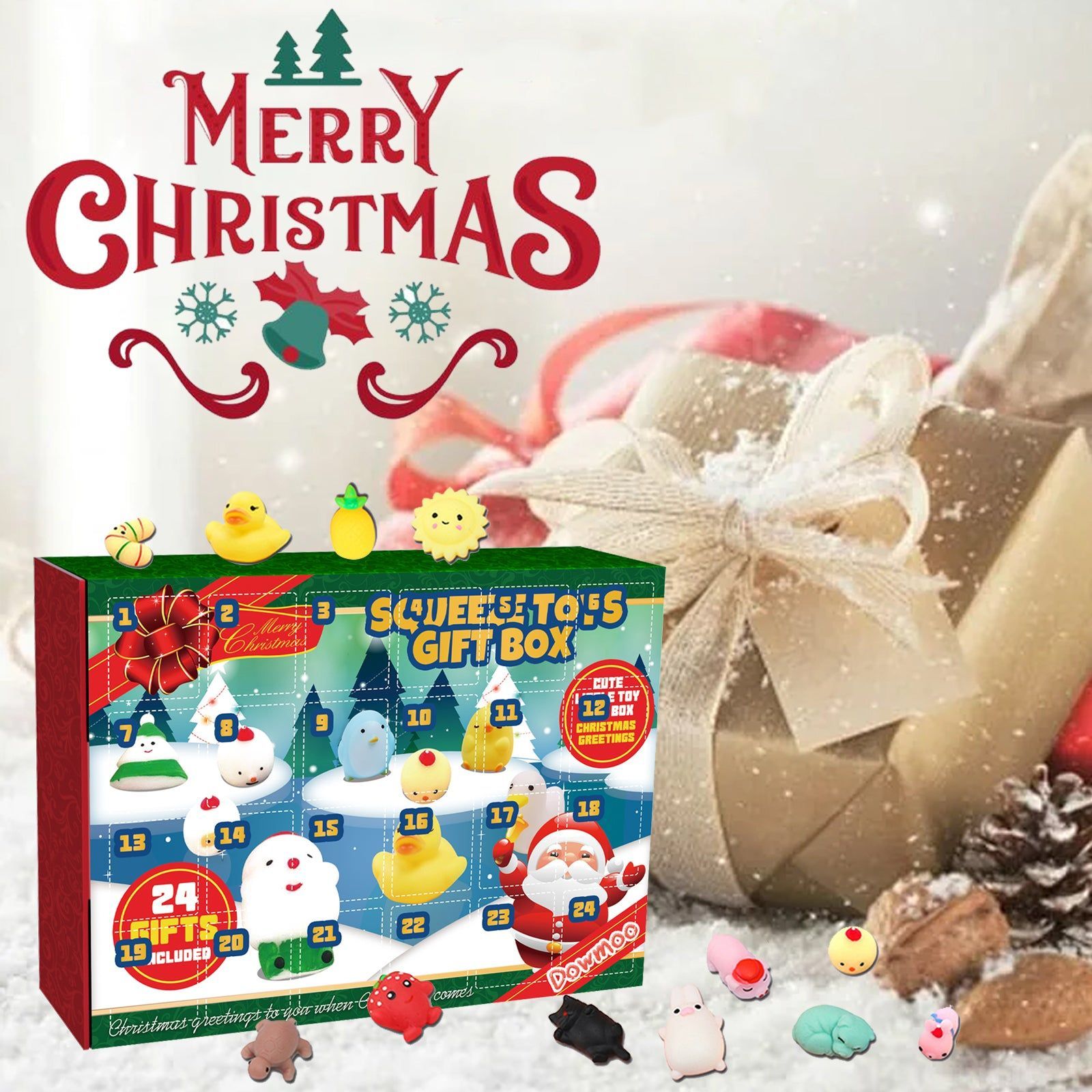 Christmas Stress Relief Pinch Gift Box, 24-Cell Countdown Blind Box, Fun Cartoon Toy ,24grid