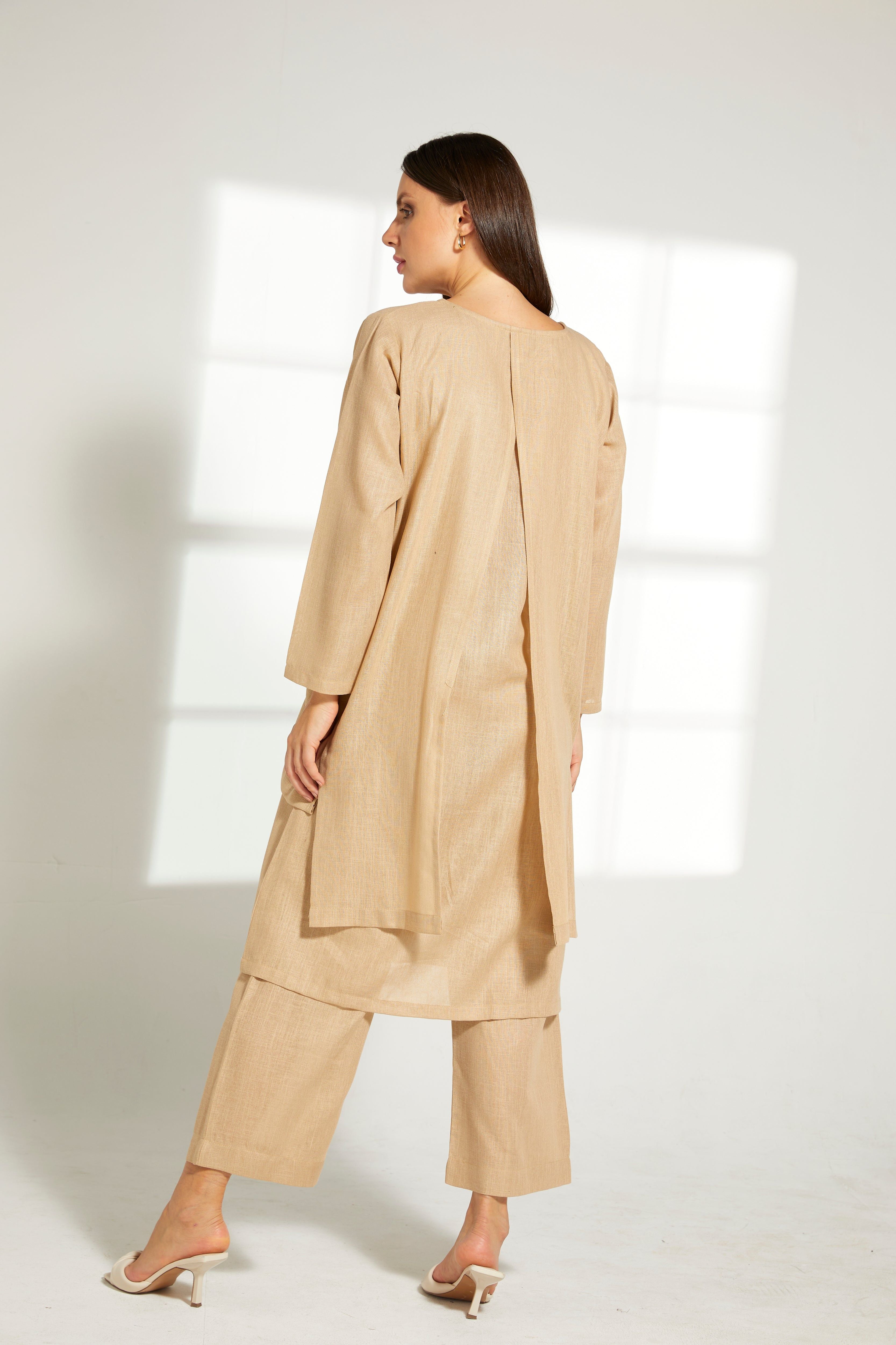 MOiSTREET Tan Linen Fabric Top and Pants Set