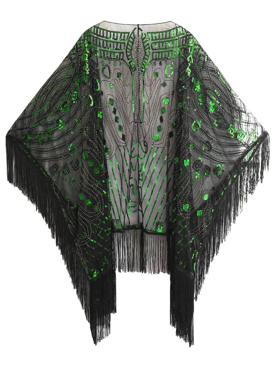 1920s Black Beaded Fringe Shawl Vintage Flapper Wrap