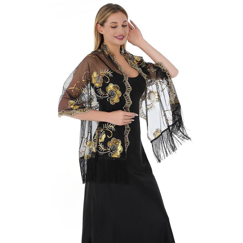 Luxury Black Gold Embroidered Fringe Shawl Wrap for Women Evening Party