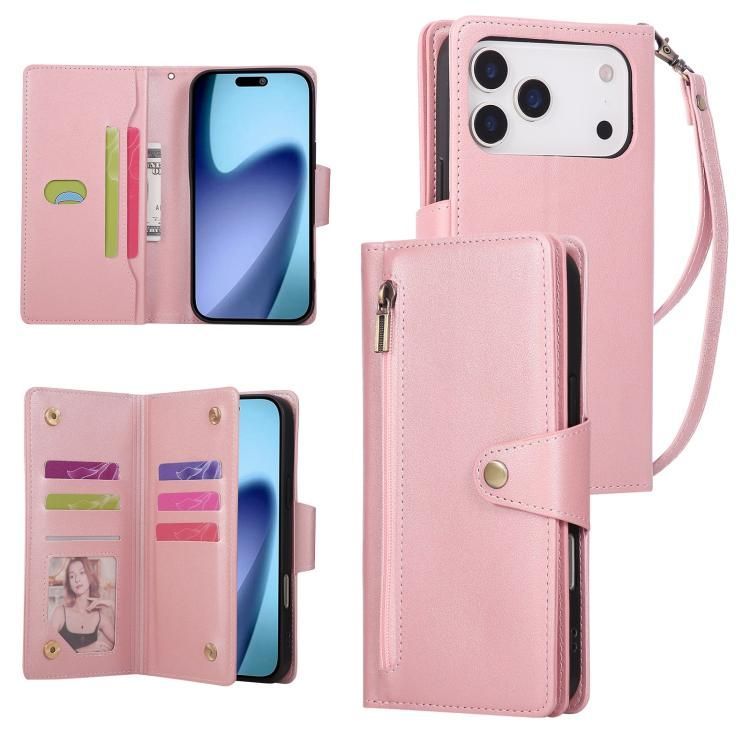 For iPhone 18 Pro Max / iPhone 17 Pro Max Rivet Buckle 9 Cards Three Fold Leather Phone Case