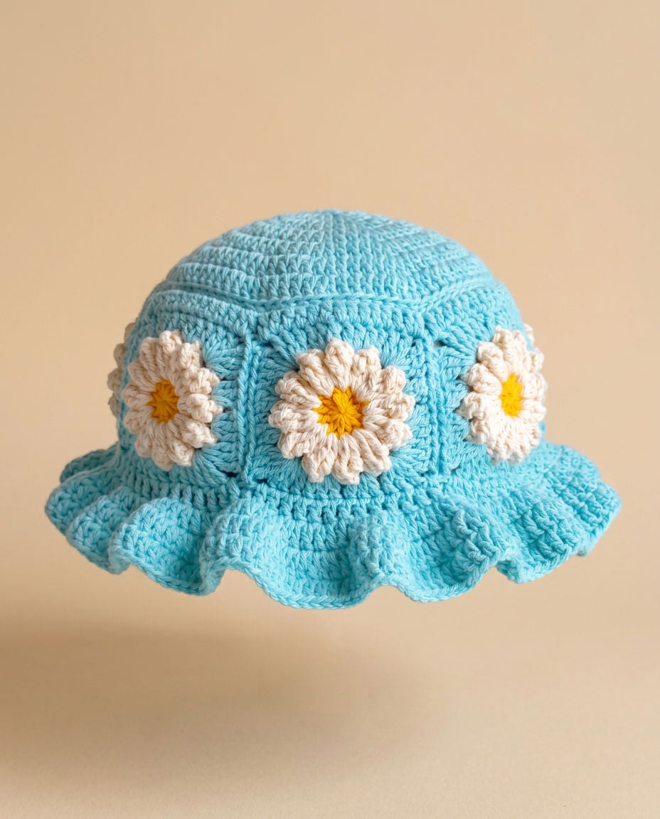 Hush and Stitch Light Blue Daisy Bucket Hat (Cream Flowers)