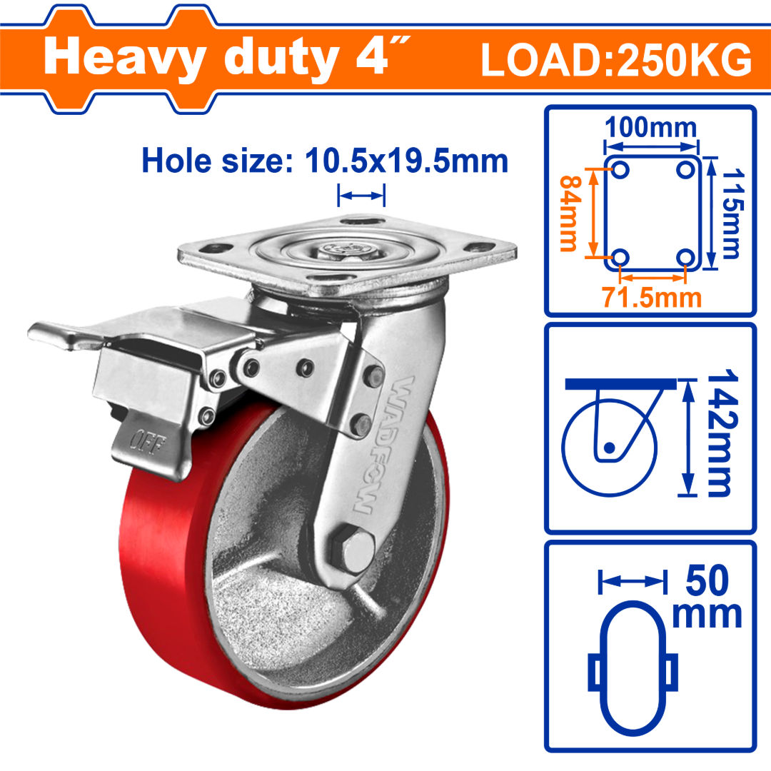 WADFOW Heavy-Duty Swivel Caster Wheel with Brake, Steel + PU Series