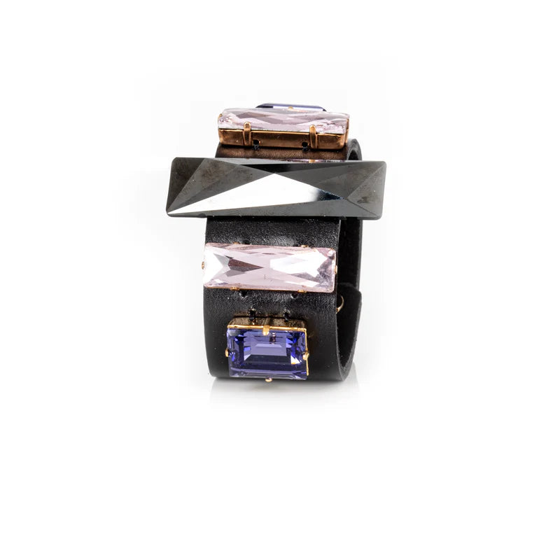 The Dark Black Leather Cuff with Blush & Sapphire Crystals