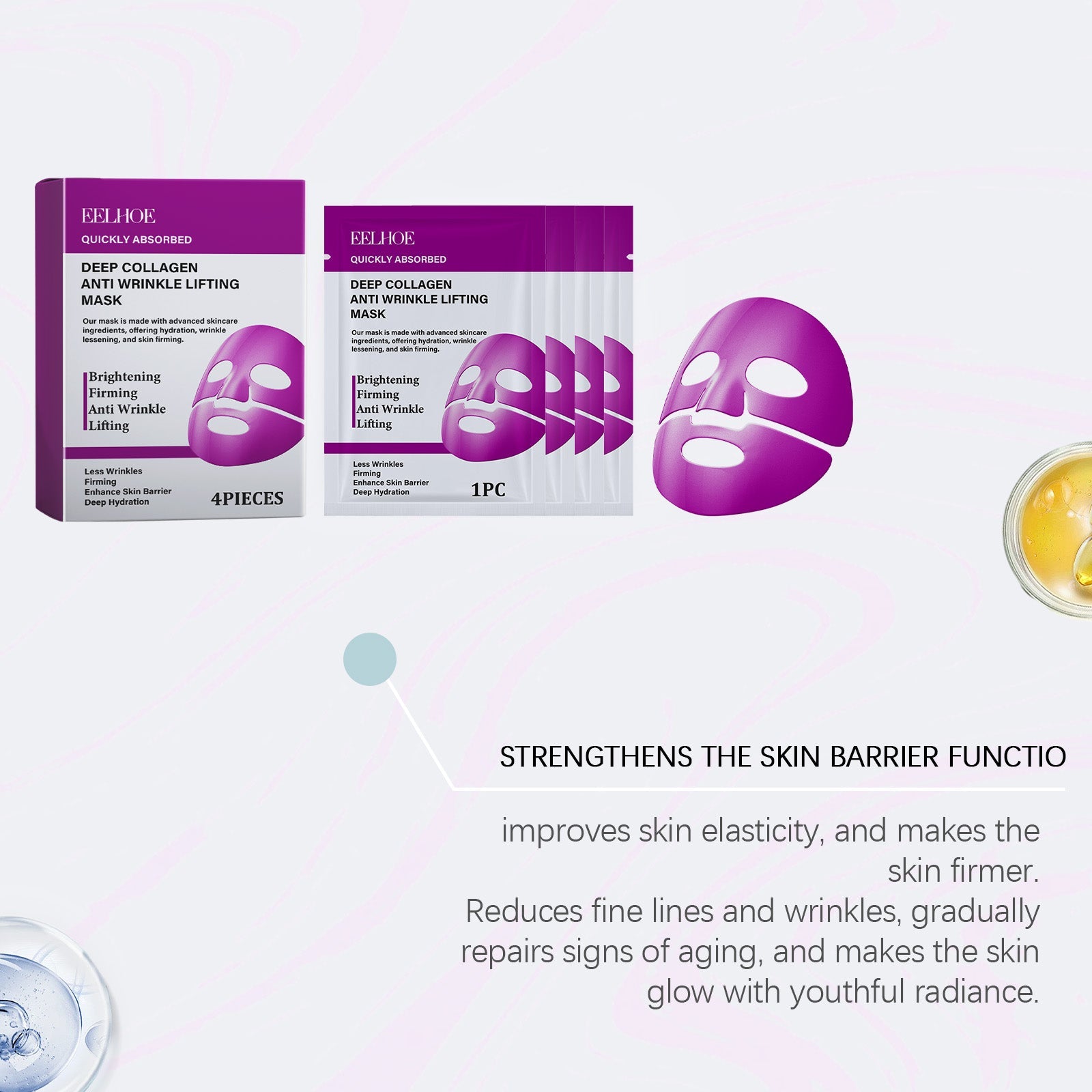Collagen Facial Care Mask, Hydrating, Anti-Aging, Moisturizing, Youthful Skin ,4pieces