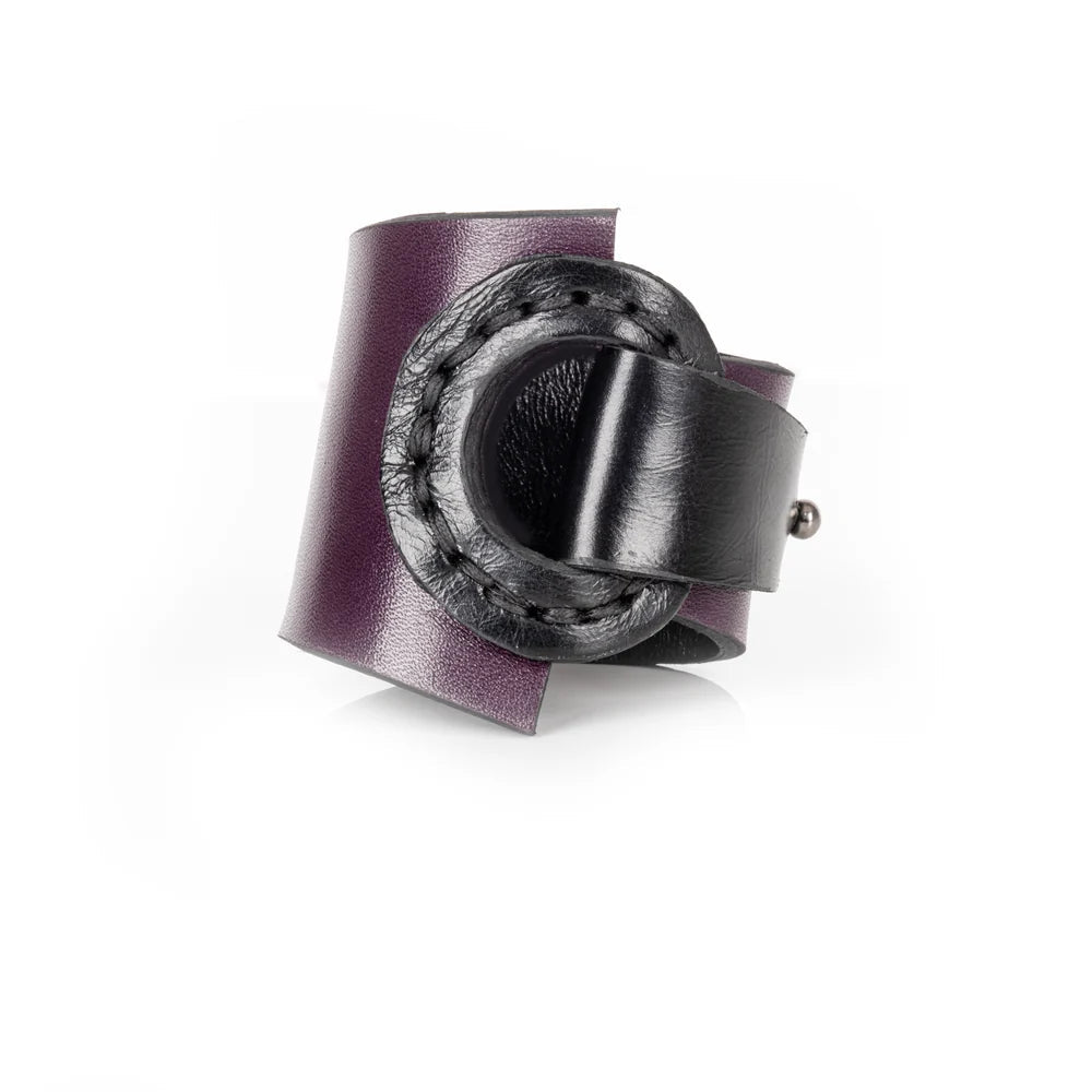 The Dark Black & Deep Plum Leather Wrap Bracelet Sculpted Ring