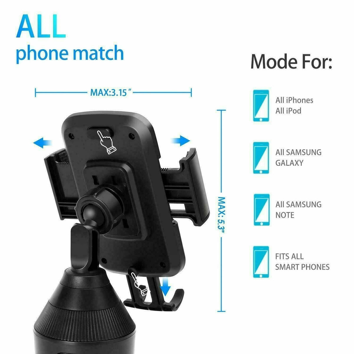 360 Degrees Adjustable Phone Mount Car Cup Holder Stand Cradle Phone Bracket With Smart Release Button