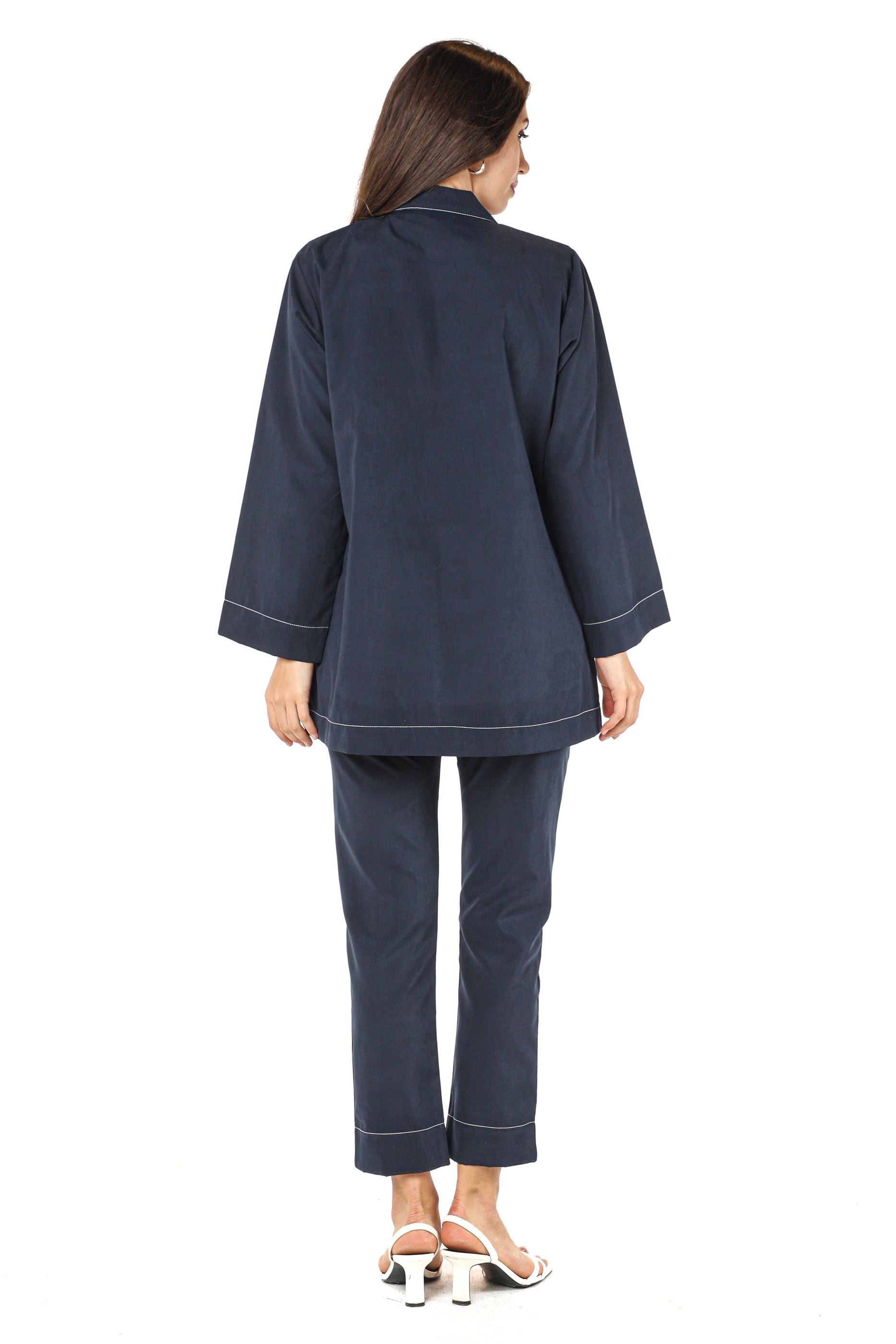 MOiSTREET Navy Shamua Fabric Jacket And Pants With Crepe Top
