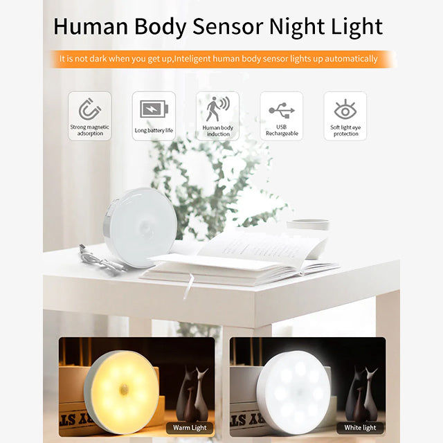 LED Motion Sensor Night Light with 2 Color Modes - USB Rechargeable Indoor Lighting for Home, Bedroom, Hallway