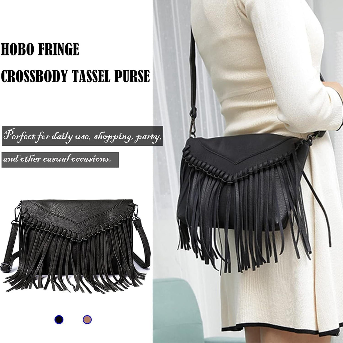 Women Vintage Fringe Crossbody Bag PU Leather Hobo Bag Shoulder Bag