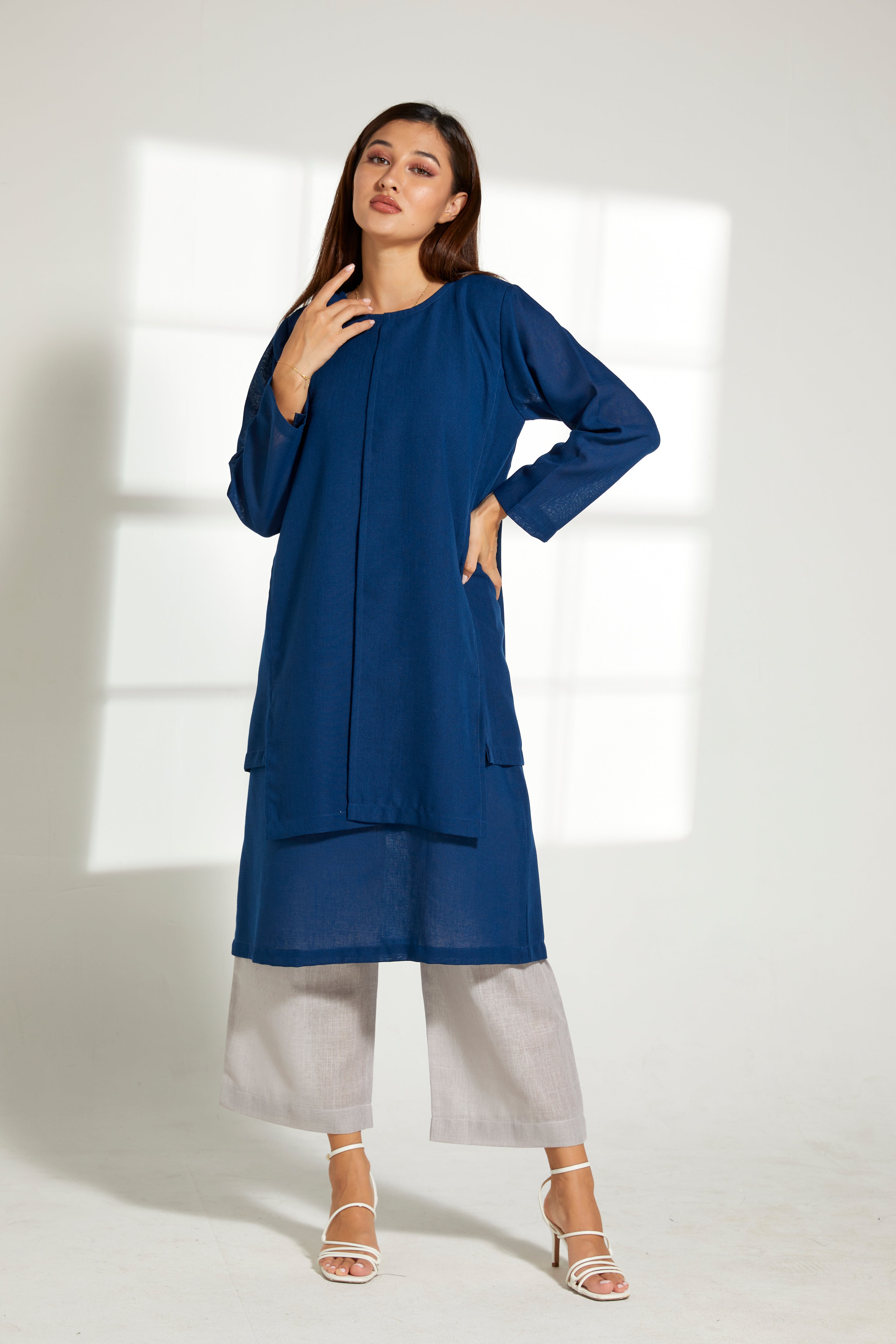 MOiSTREET Blue Linen Top and Grey Pants Set