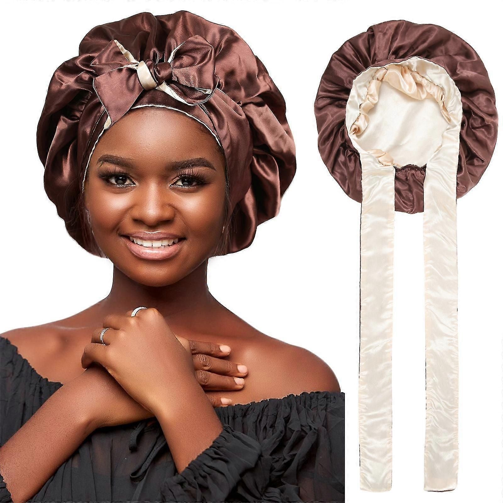 Double Layer Satin Bonnet Hair Wrap With Tie Band Night Cap For Women