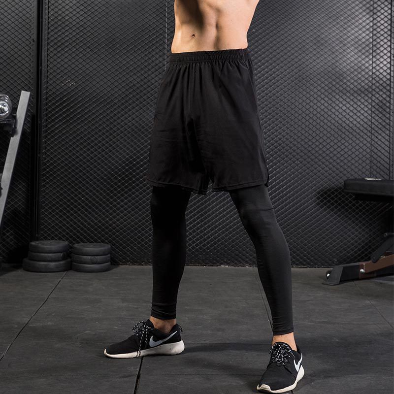 Men 2 In 1 Running Shorts Compression Pants Sport Leggings Breathable Quick Dry Tights