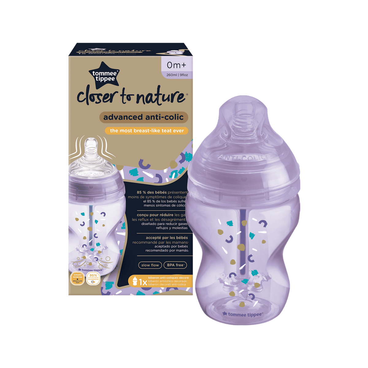 Tommee Tippee Advanced Anti-Colic Feeding Bottle, 260ml x1 - Girl