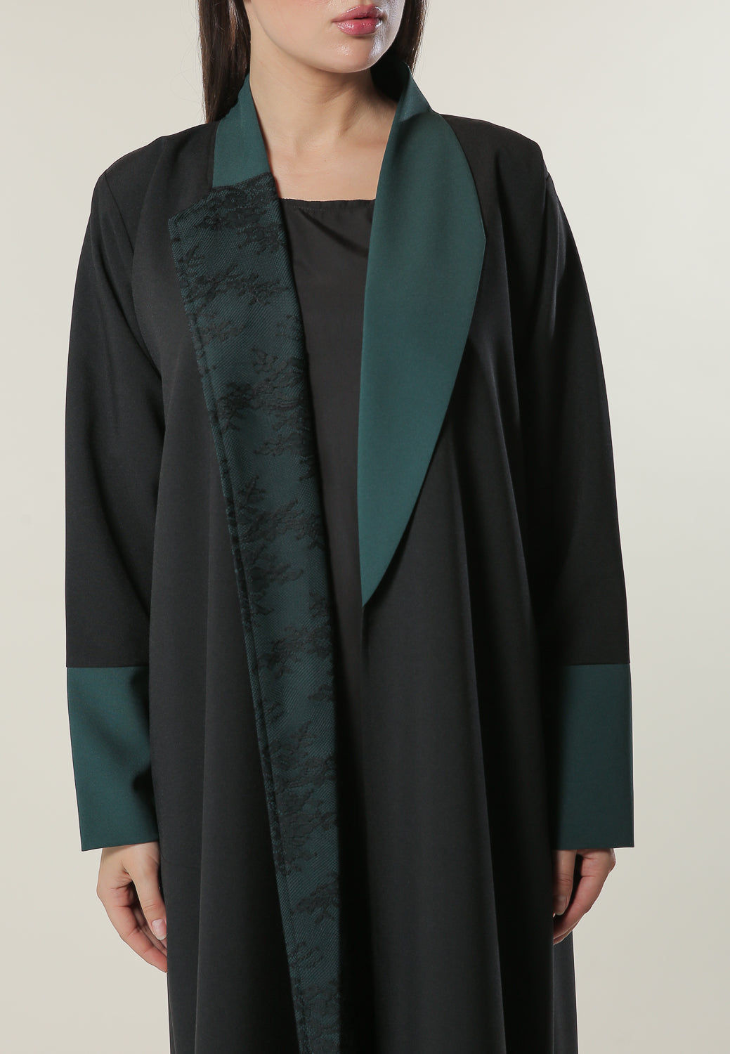 MOiSTREET Black Abaya with Contrast Panels Overlaid with Net Lace
