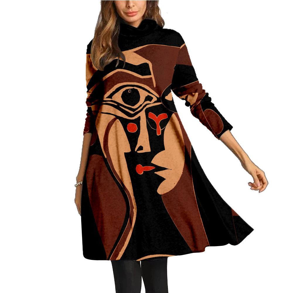 Autumn Vintage High Neck Dress Art Print Long Sleeve Casual Streetwear For Women