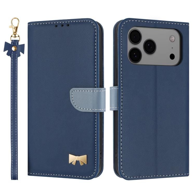 For iPhone 18 Pro Max / iPhone 17 Pro Max Metal Bow Leather Phone Case with Hand Strap