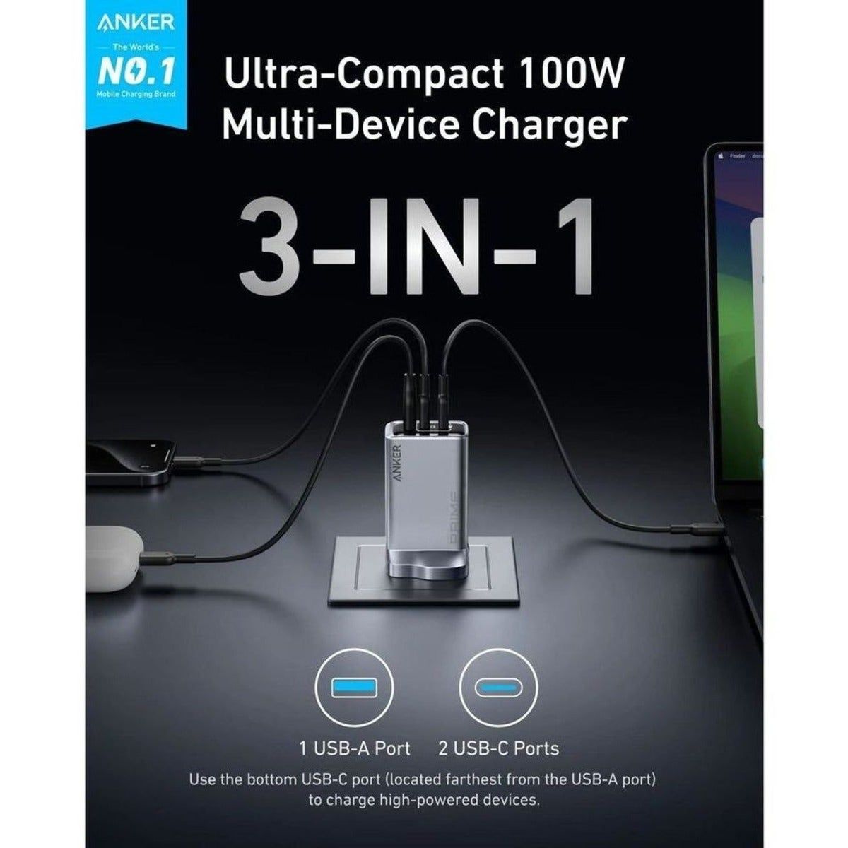 Anker Prime GaN Ultra-Fast Charger 100W, 3-Port (USB-C), Multi-Device Fast Charging, Black