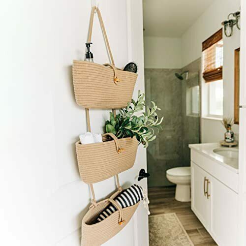 3 Tiers Cotton Rope Woven Wall Hanging Storage Basket Over The Door Hanging Organizer