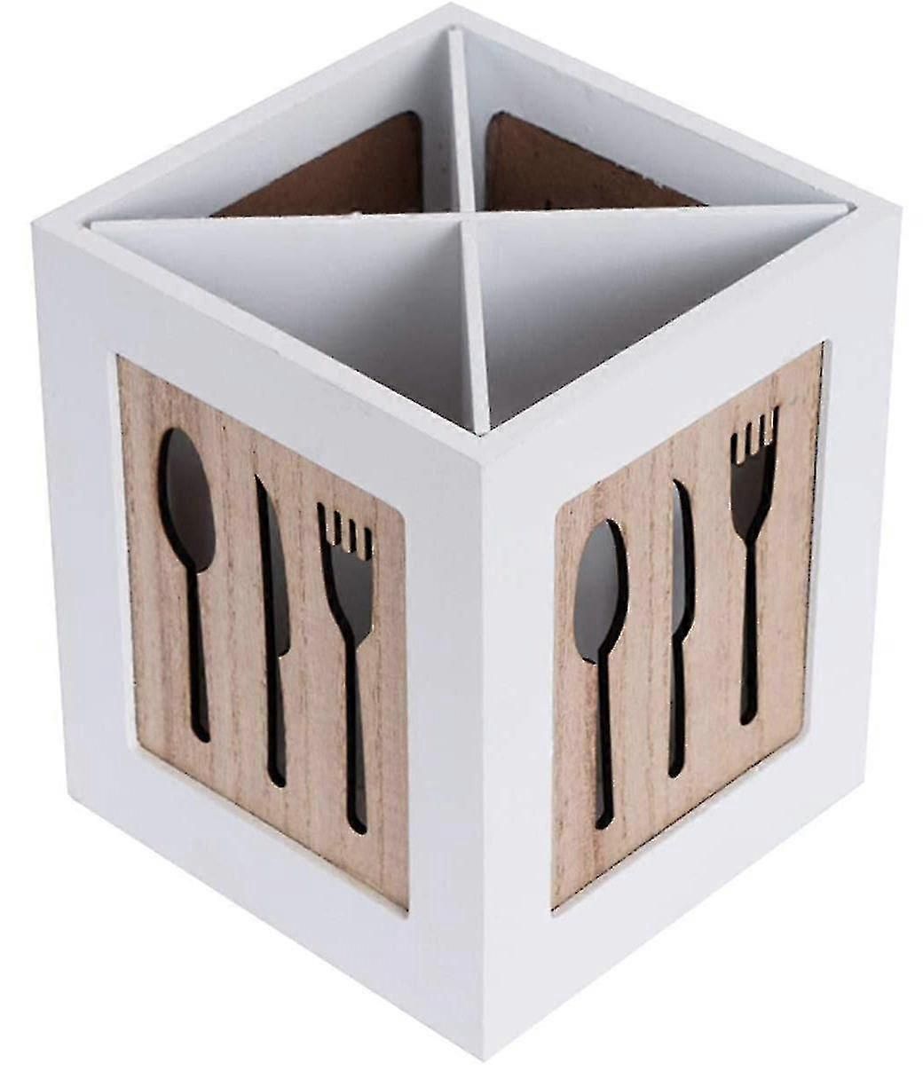 Decorative Wooden Cutlery Organizer Box - Tabletop Spoon/Fork/Knife Storage Basket with Carved Utensil Motif for Kitchen