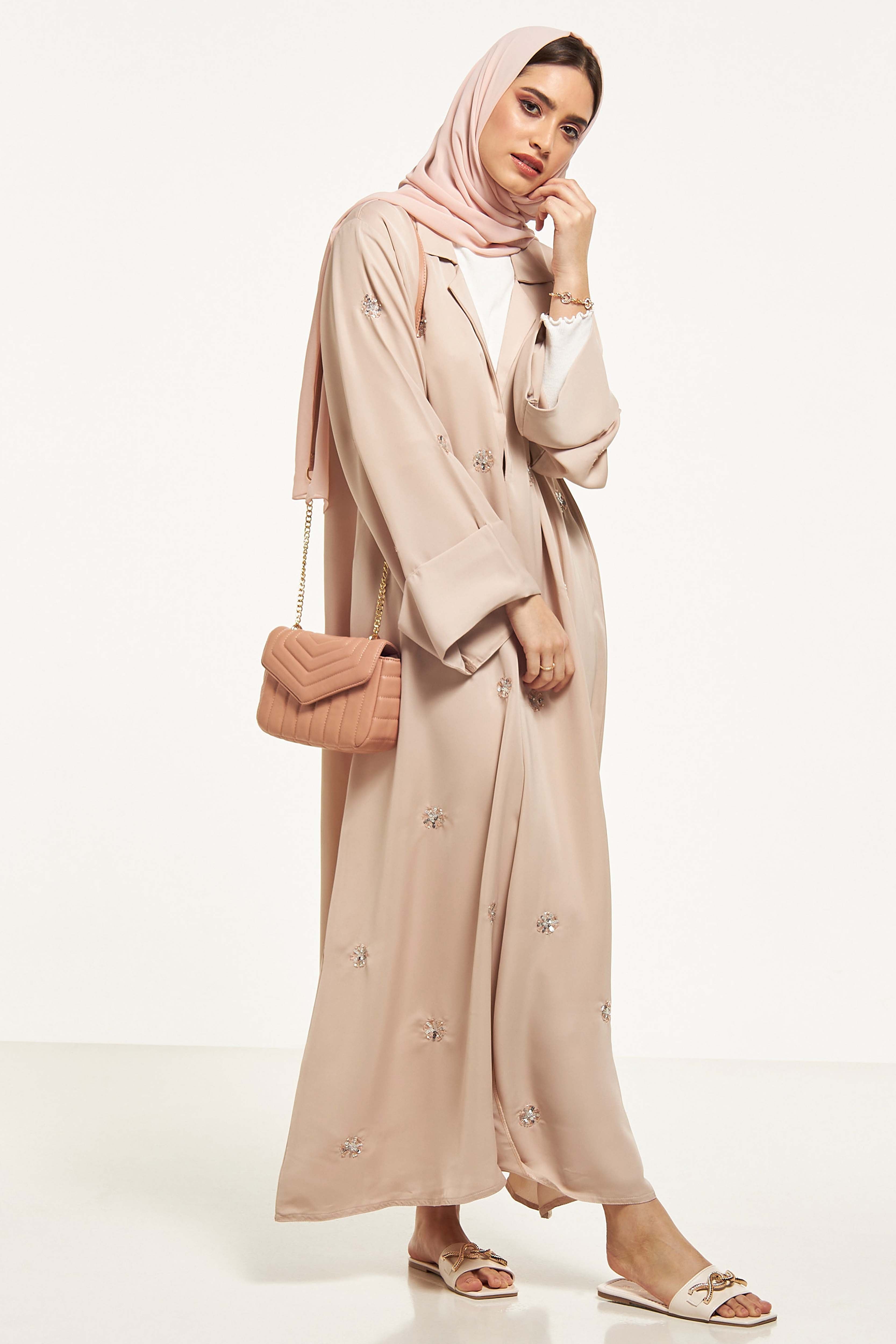 MOiSTREET Sequin Embellished Abaya with Notched Lapel Collar