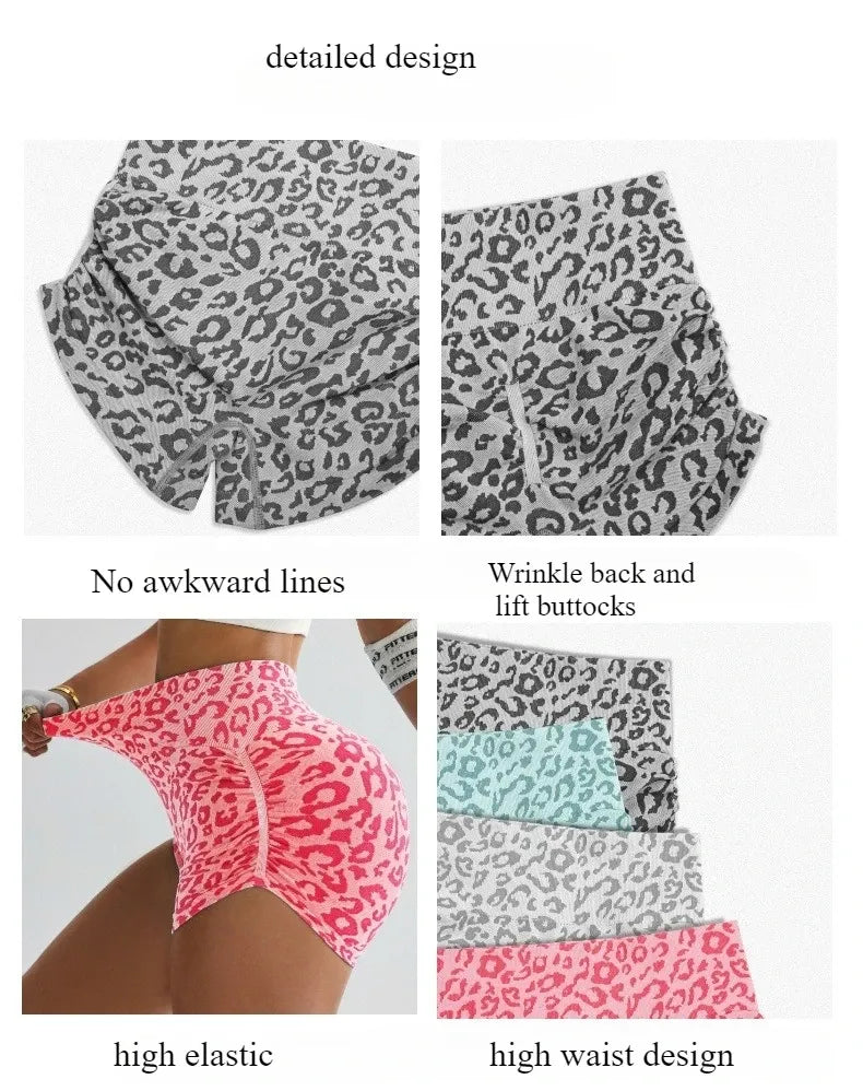 Women High Waist Tummy Control Yoga Shorts Leopard Print Butt Lifting Gym Running Sports Wear