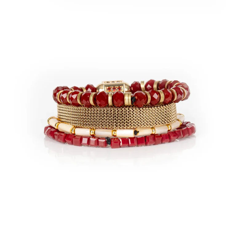 The Dark Ruby Red & Gold Beaded Bracelet Stack Crimson Glow